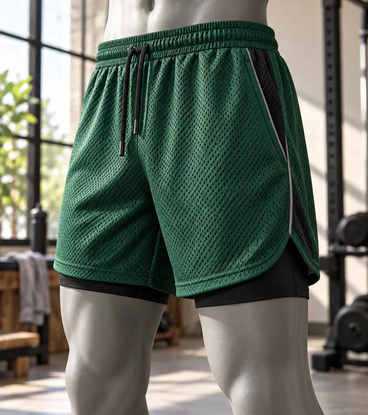 Forest green custom mesh shorts displayed on a silver mannequin, featuring breathable perforated fabric, an elastic drawstring waistband, black compression lining, and contrast side panels in a modern gym setting.